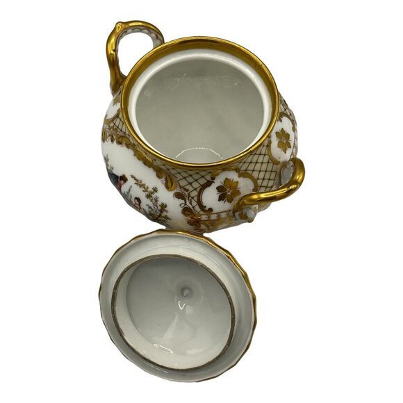 Antique Dresden Ohme Germany Creamer & Sugar Hand Painted Watteau Scenes Gold - Picture 9 of 16